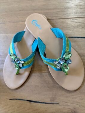 Turquoise & Green Jeweled Thong Sandals